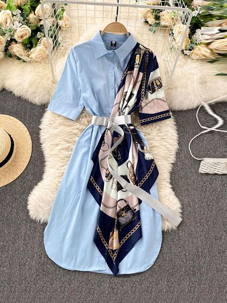

dresses summer fashion temperament new vestidos female lapel midsleeve laceup silk scarf stitching midi dress c504, Black;gray