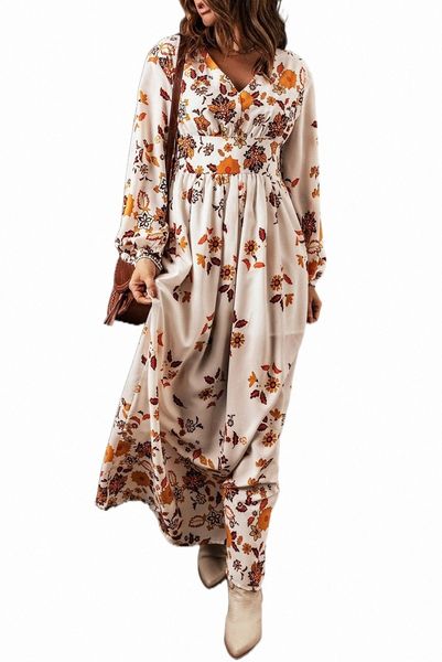

yellow leaf print v neck puff sleeve maxi dress k7bu#, Black;pink