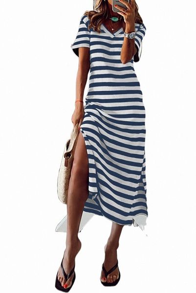 

blue stripe print v neck maxi dress with side splits 69ak#, Black;pink