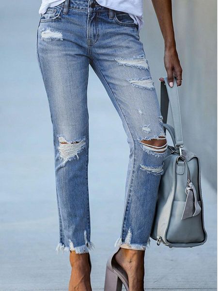 

jeans women patchwork destroyed raw hem jeans ripped hole denim pants, Blue