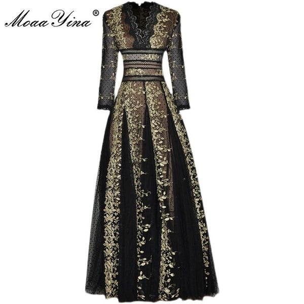 

dresses moaayina runway fashion autumn party dress women's lace vneck embroidery vintage polka dot mesh long dress, Black;gray