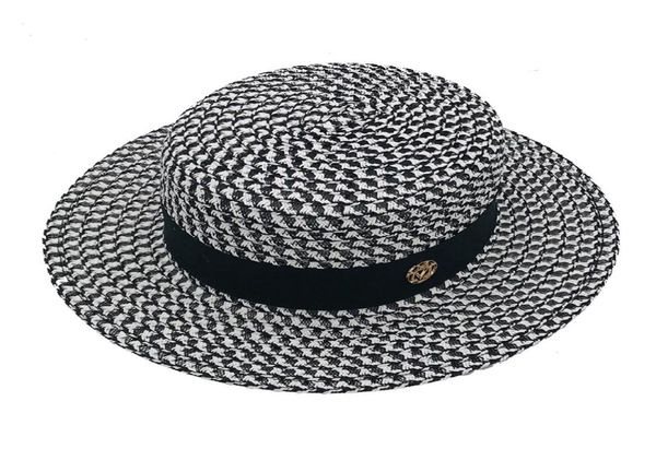 

highgrade summer black white plaid wide brim flat boater hat spring women grass braid sun hat party wedding formal cap1655400, Blue;gray