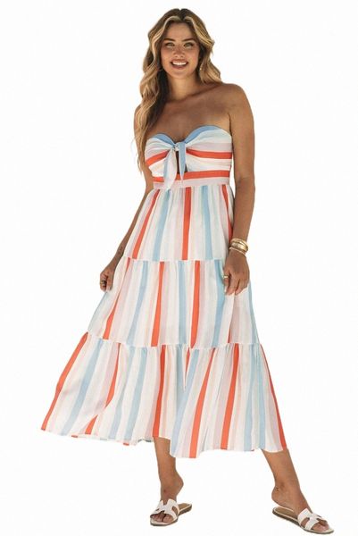 

multicolor striped tie decor strapless tiered maxi dress j6sv#, Black;pink
