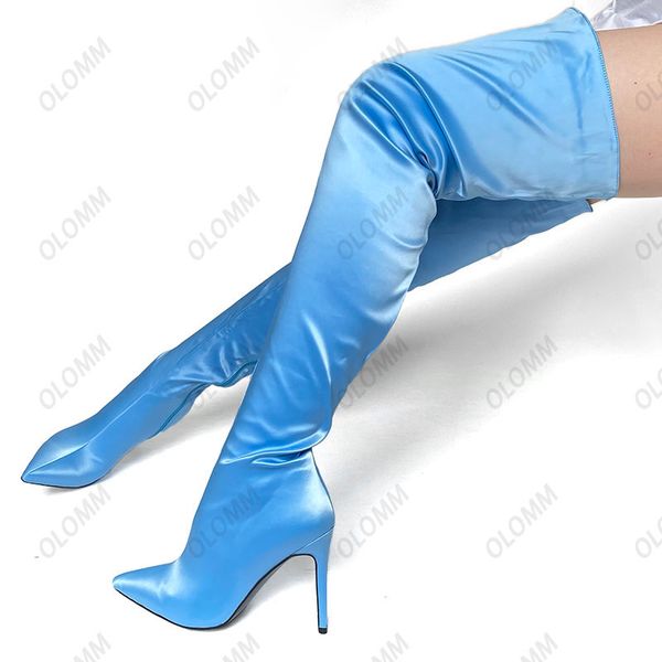 

olomm women winter thigh boots satin stiletto heels pointed toe light blue party shoes ladies plus size 35-47, Black