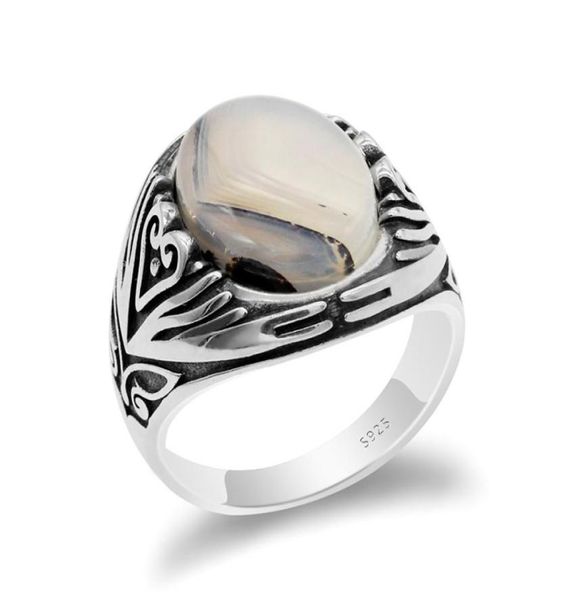 

real 925 sterling silver men ring with oval big natural agate stone ring thai silver ring for male women turkish jewelry2837106, Golden;silver