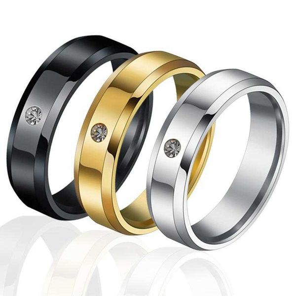 

fashion jewelry stainless steel 6mm band rings beveled smooth faced zircon couple ring, Silver