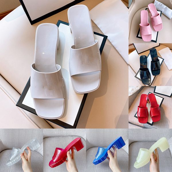 

designer sandals women chunky heels embossed slides rubber jelly black transparent clear white red beige ladies platform slider summer shoes