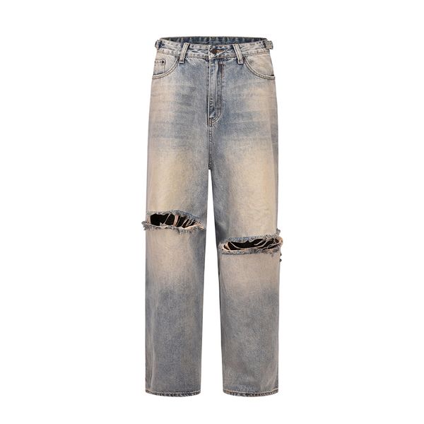 

washed straight jeans for men and women streetwear vintage loose casual denim trousers oversized, Black;brown