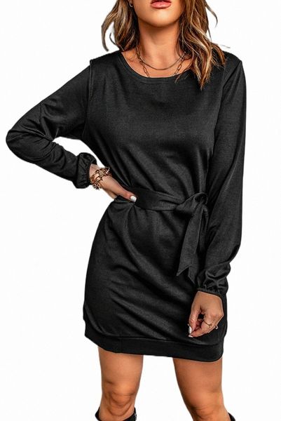 

black crewneck long sleeve belted casual mini dress f3jc#, Black;pink