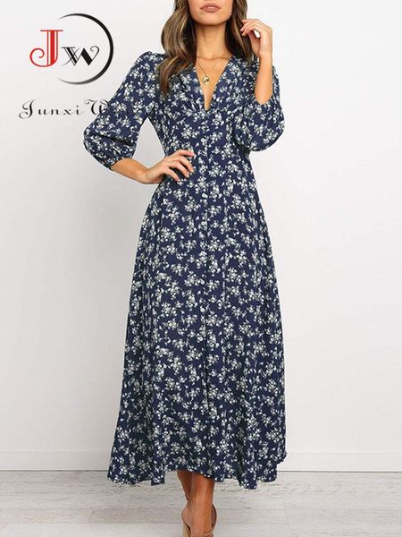 

dresses women summer elegant floral print maxi dress 2022 boho three quarter sleeve v neck casual office long dress beach robe tunic, Black;gray
