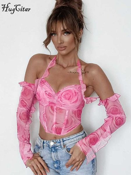

rukas mesh halter long sleeve backless floral print ruffles lace up crop 2023 summer women elegant festival party outfit, White