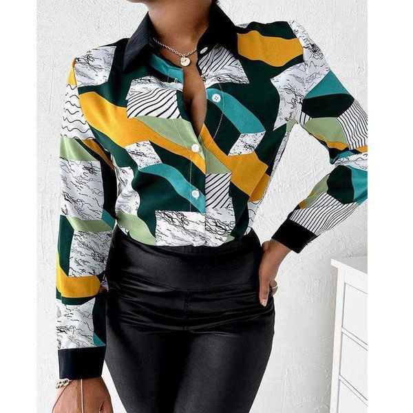 

womens shirt long sleeve spring and autumn lapel button printed, White