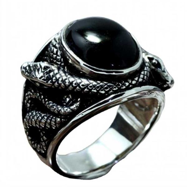 

band rings punk blk gem stone ring for men vintage jewelry ancient silver color cross snake carved metal oval zircon finger ring gift j23051