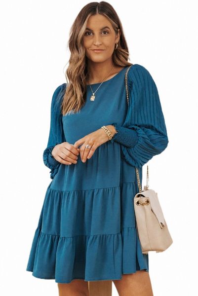 

green pleated bubble sleeves tiered ruffle mini dress n4yj#, Black;pink
