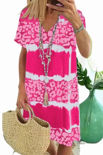

rose leopard color block v-neck t-shirt dress m8rg#, Black;pink