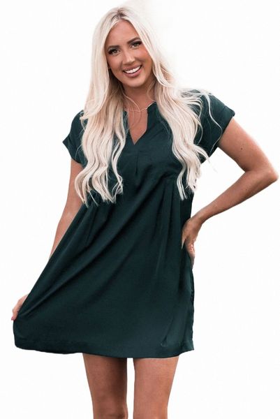 

green notched neckline cuffed short sleeve shift dress i3zf#, Black;pink