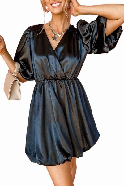 

black princess bubble sleeve satin mini dress z89y#, Black;pink