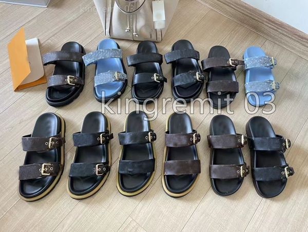 

designer slippers bom dia flat mule sandals cool effortlessly stylish slides 2 straps with adjusted gold buckles women summer beach rubber s, Black