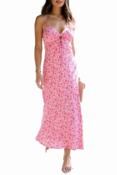 

pink flower print front cut out maxi dress 2023 new h2zo#, Black;pink