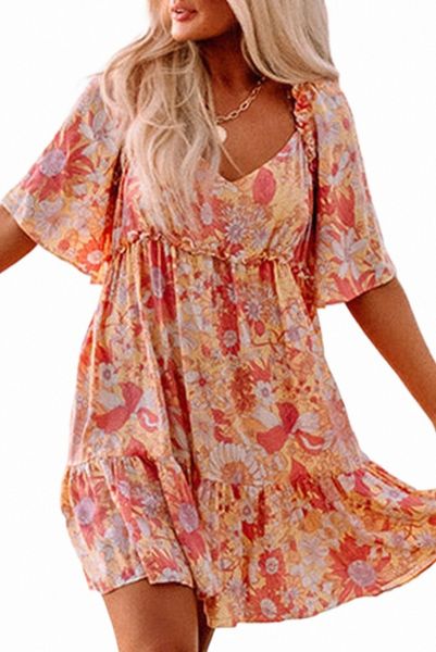 

orange wide flutter sleeve floral dress 2023 new t87j#, Black;pink