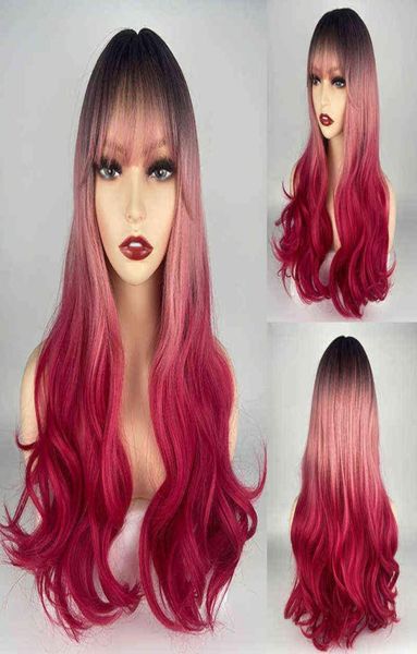 

hair urcgtsa long ombre pink synthetic for women halloween red wavy cosplay heat resistant natural with bangs 2203013806758, Black;brown