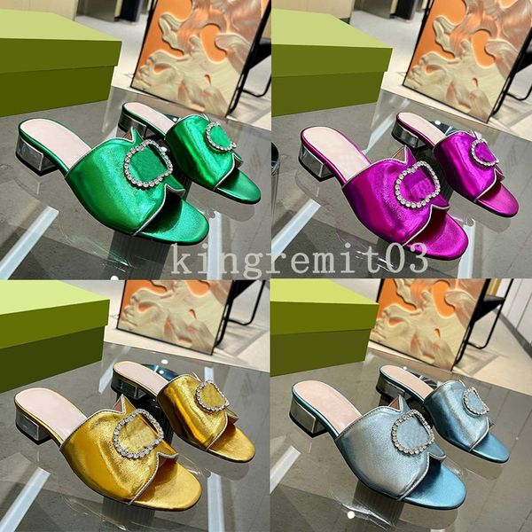 

designer slippers patent leather slides fashion chunky sandals women artificial diamond double g mules shining shallow mouth summer sandals, Black