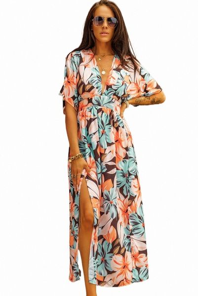 

orange floral kimono long dress with slit 2023 new w08j#, Black;pink