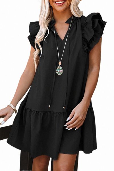 

black tiered ruffled sleeves mini dress with pockets a3uf#, Black;pink