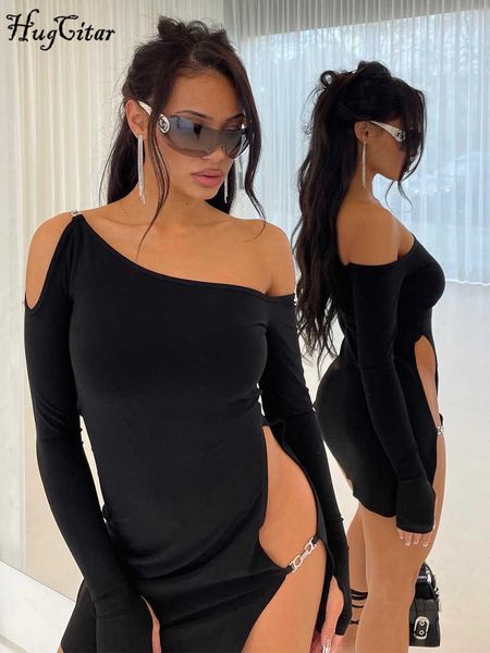 

rukas skew collar long sleeve solid slit bodycon slim mini prom dress 2023 summer women elegant clothes birthday party, White;black