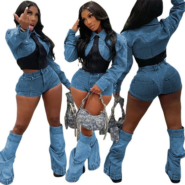 

Tracksuits Designer Two Piece Sets Women Long Sleeve Patchwork Denim Jacket and Shorts Outfits Y2k Jeans Vintage Streetwear Bulk Wholesale Clothes 9879