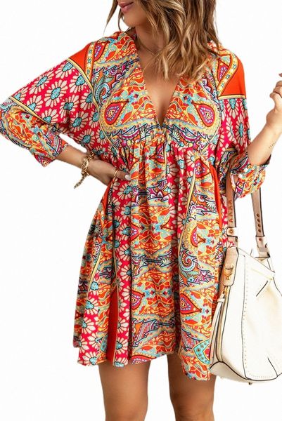 

multicolour v neck 3/4 sleeve bohemian vintage print mini dress 259c#, Black;pink