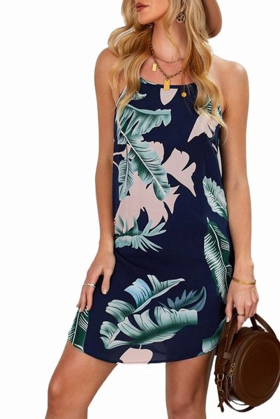 

palm tree leaf print navy sleeveless dress 2023 new z7et#, Black;pink