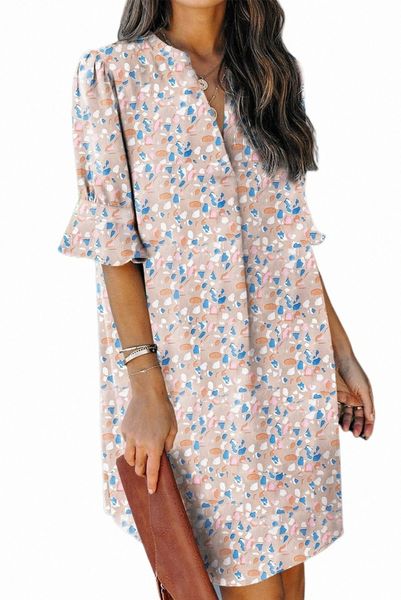 

pink ruffled sleeves abstract print shift dress q9dp#, Black;pink