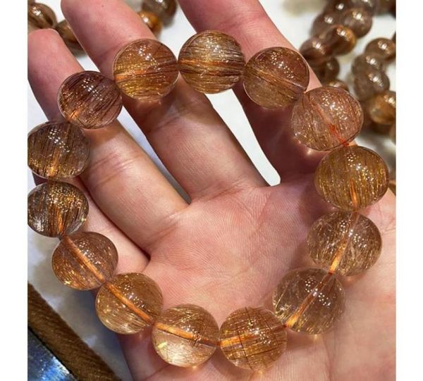 

genuine natural copper hair rutilated quartz gemstone stretch round crystal beads bracelet rare 815mm beaded strand6566792, Black