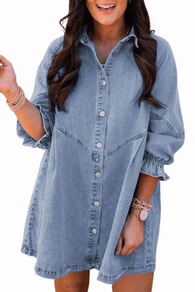 

sky blue buttoned long sleeve denim mini dress d62v#, Black;pink