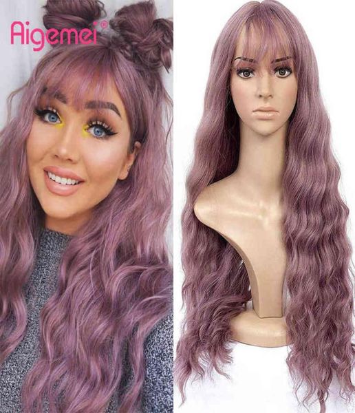 

hair aigemei long synthetic with bang 26inches water wave curly for woman high temperature fiber black brown color 2203013266976