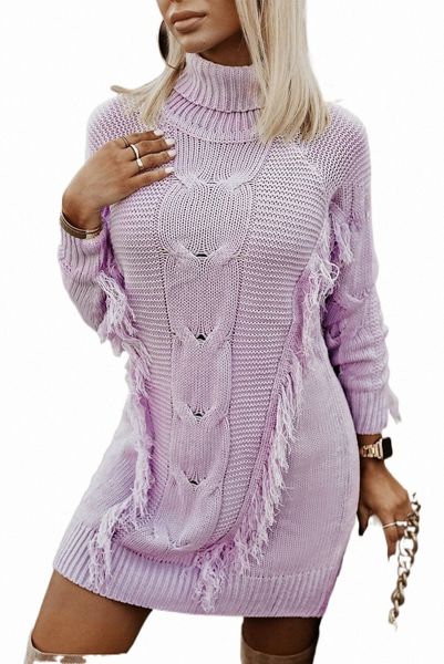 

purple twist fringe casual high neck sweater dress l7as#, Black;pink