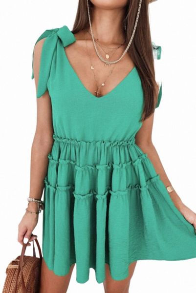 

green tie straps frilled a-line mini dress 2023 new 57bz#, Black;pink
