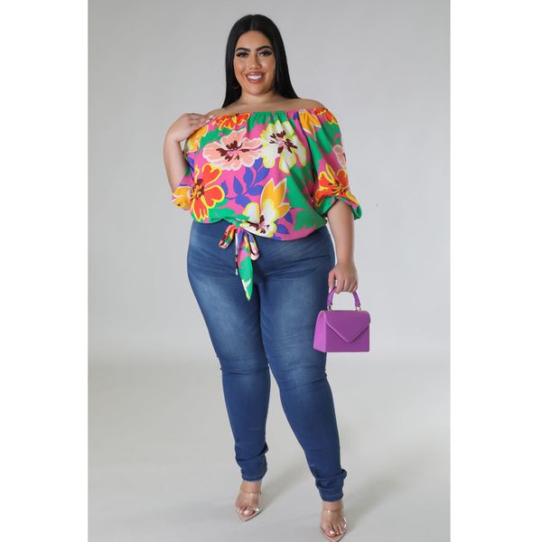

women's plus size tshirt women floral off shoulder shirt for lady fashion casual outfit female bandage cloth 2023 spring large 230517, Black