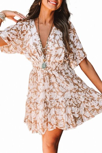 

pink floral print smocked high waist deep v neck mini dress b75t#, Black;pink