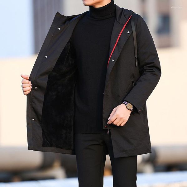 

men's down 2023 winter in the men long han edition youth leisure cotton-padded clothes big yards hooded fleece jacket coat male, Black