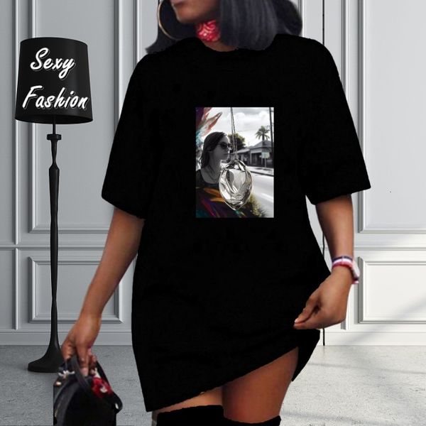 

plus size dresses xl5xl size women clothing short sleeve o neck pattern printing casual loose mini summer 2023 female outfits 230517, Black