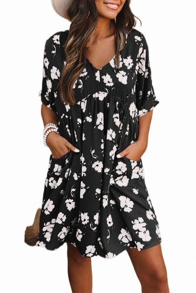 

black khaki v neck floral babydoll dress with pockets i8ji#, Black;pink