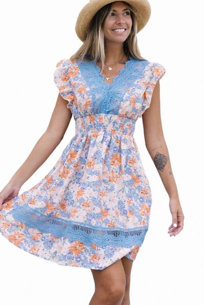 

multicolor lace splicing ruffled shirred high waist floral mini dress r3a2#, Black;pink