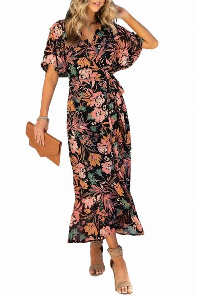

black floral print knotted wrapped v neck maxi dress j5wg#, Black;pink