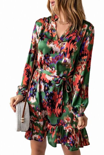 

green abstract print ruffled drawstring high waist mini dress s0bc#, Black;pink