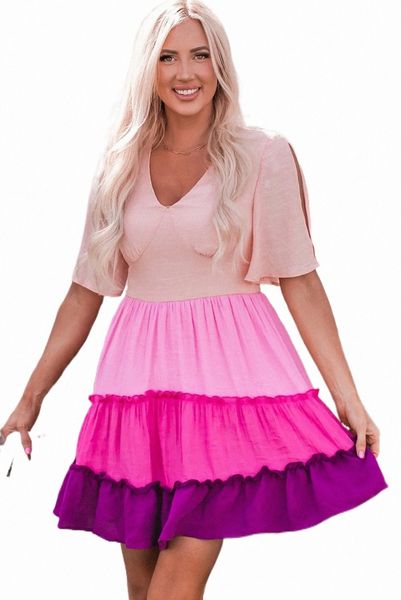 

pink ombre colorblock tiered dress 2023 new l0oa#, Black;pink