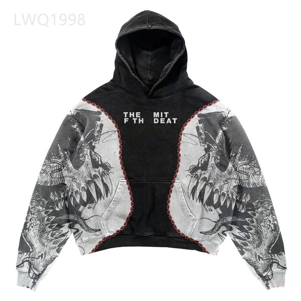 

tide skeleton men's casual clothing wear fashion hoodie letter harajuku vintage explosion print loose and comfortable, Black