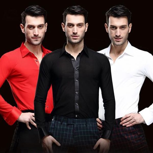 

men's casual shirts men white dance shirt competition performance ballroom modern salsa tango samba latin men shirts boys dancewear 230, White;black