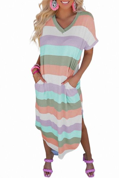 

striped side split pockets v neck t shirt midi dress w8mb#, Black;pink